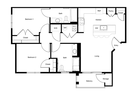 Floor plan for 2 beds, 2 baths, 931 sqft